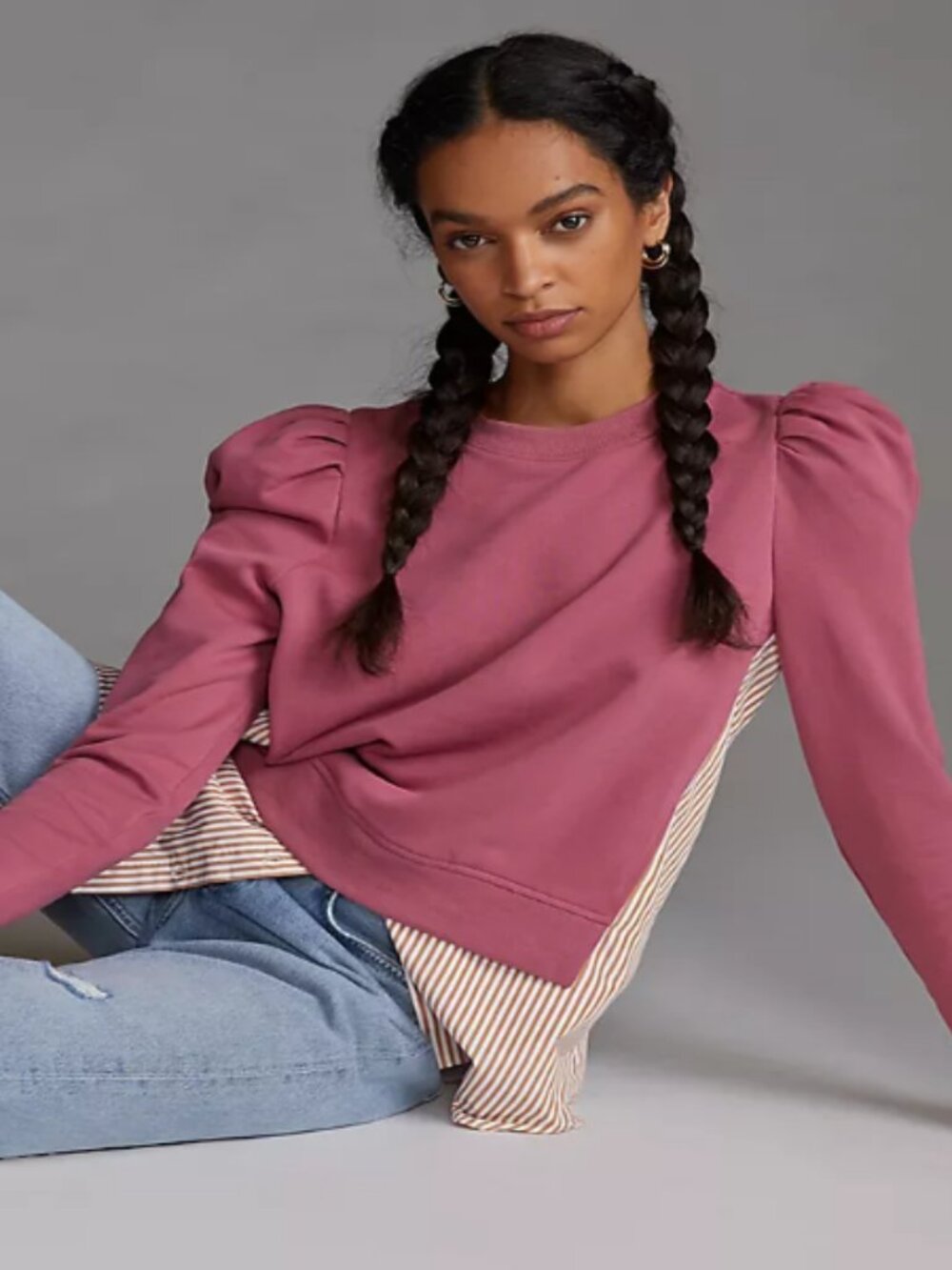 Anthropologie Maeve Mauve Puff-Sleeve Sweatshirt